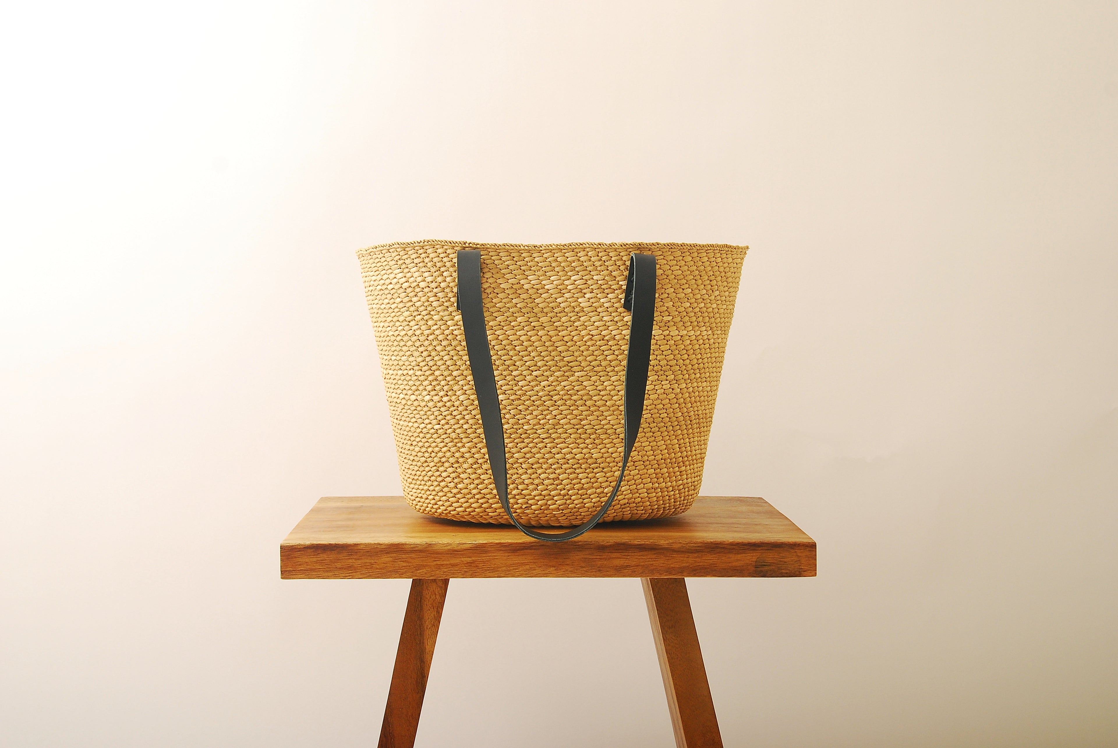 Handwoven Natural Grass Tote Bag Leather Strap