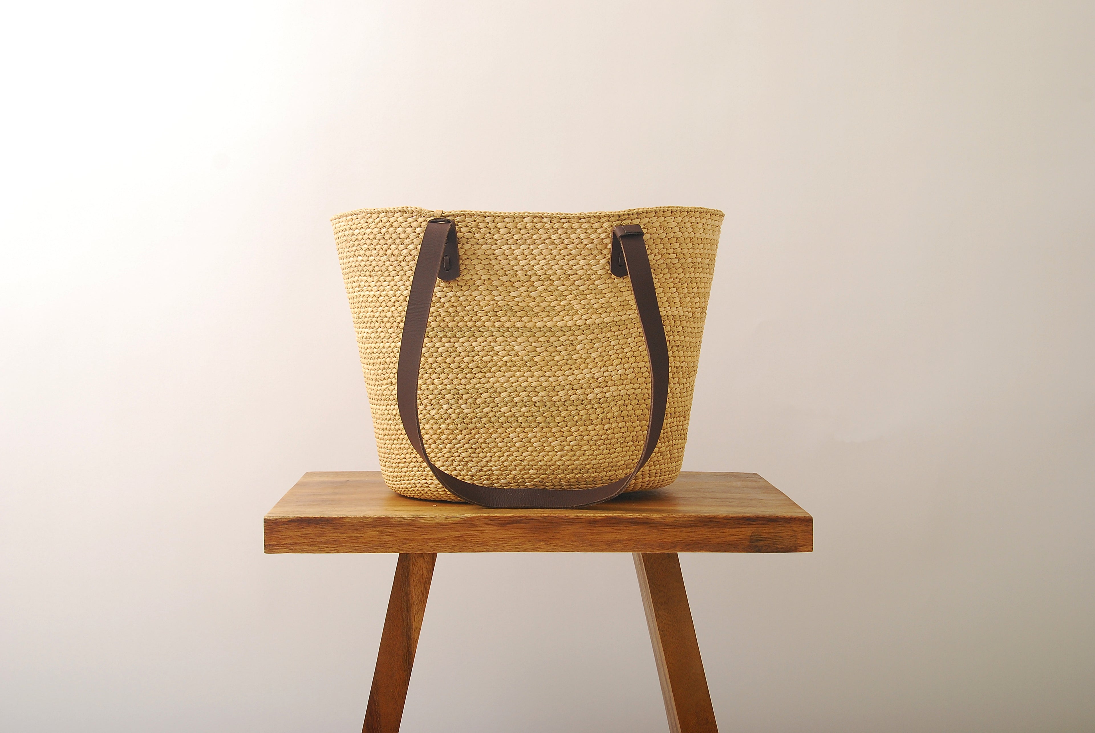 Handwoven Natural Grass Tote Bag Leather Strap