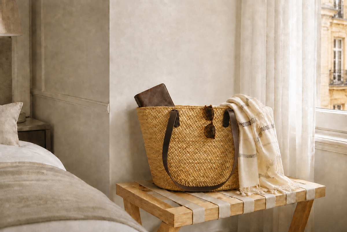 Handwoven Natural Grass Tote Bag Leather Strap
