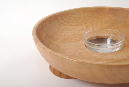 Wood Round Footed Serving Tray with Glass Bowl