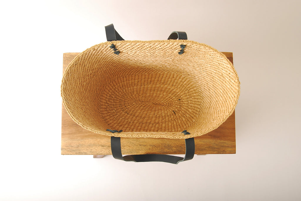 Handwoven Natural Grass Tote Bag Leather Strap