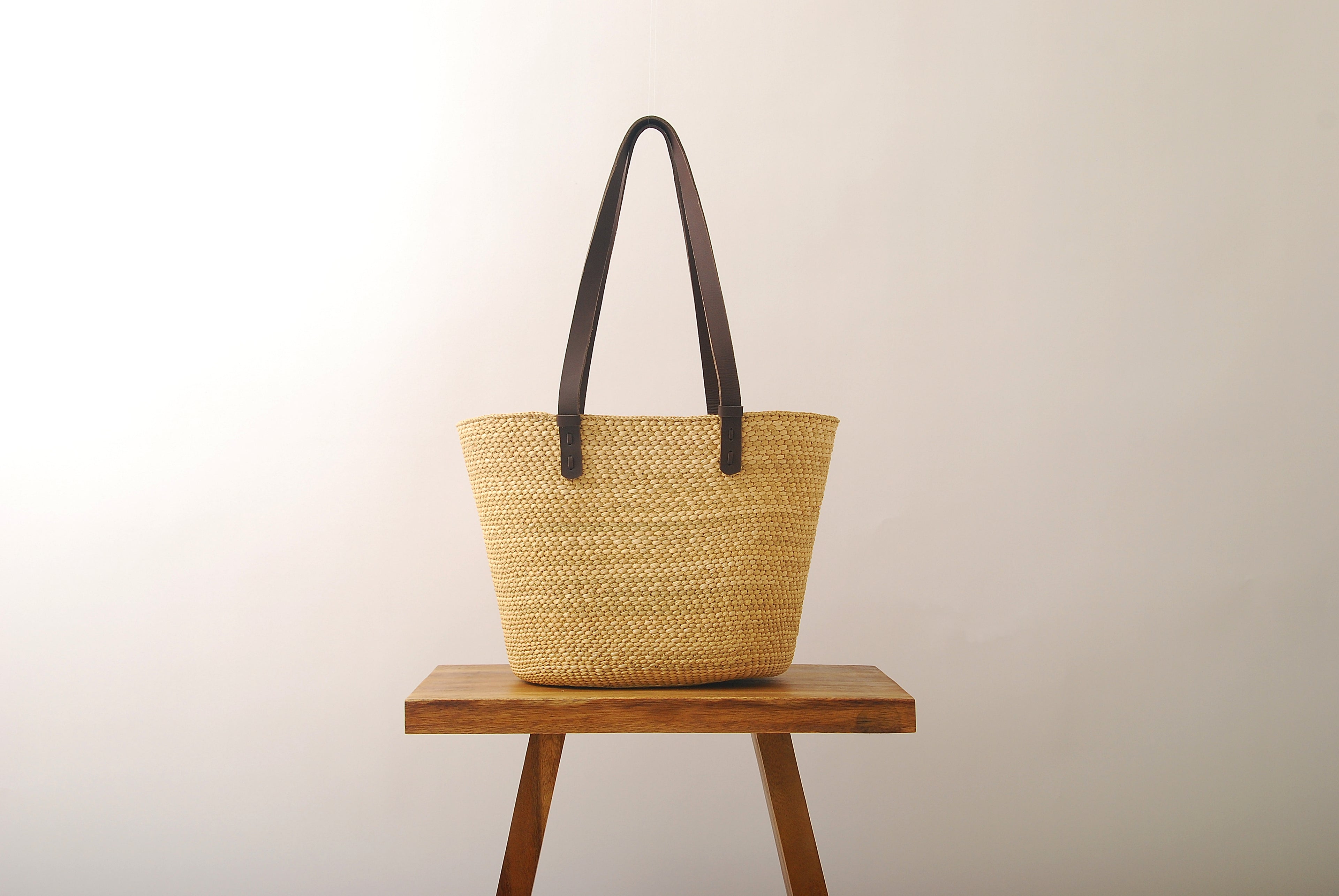 Handwoven Natural Grass Tote Bag Leather Strap